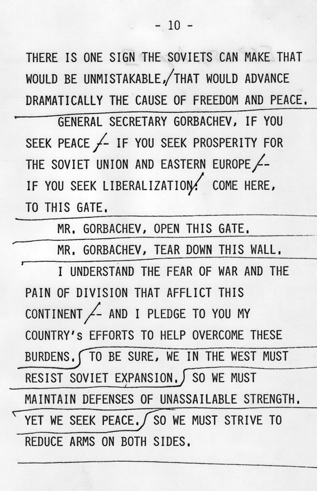 A page from the speaking copy that Reagan used in Berlin, showing the  tear down this wall  line