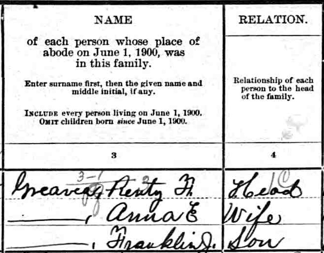 Detail ofo the 1900 Census schedule showing Renty Greaves, his wife, and his son