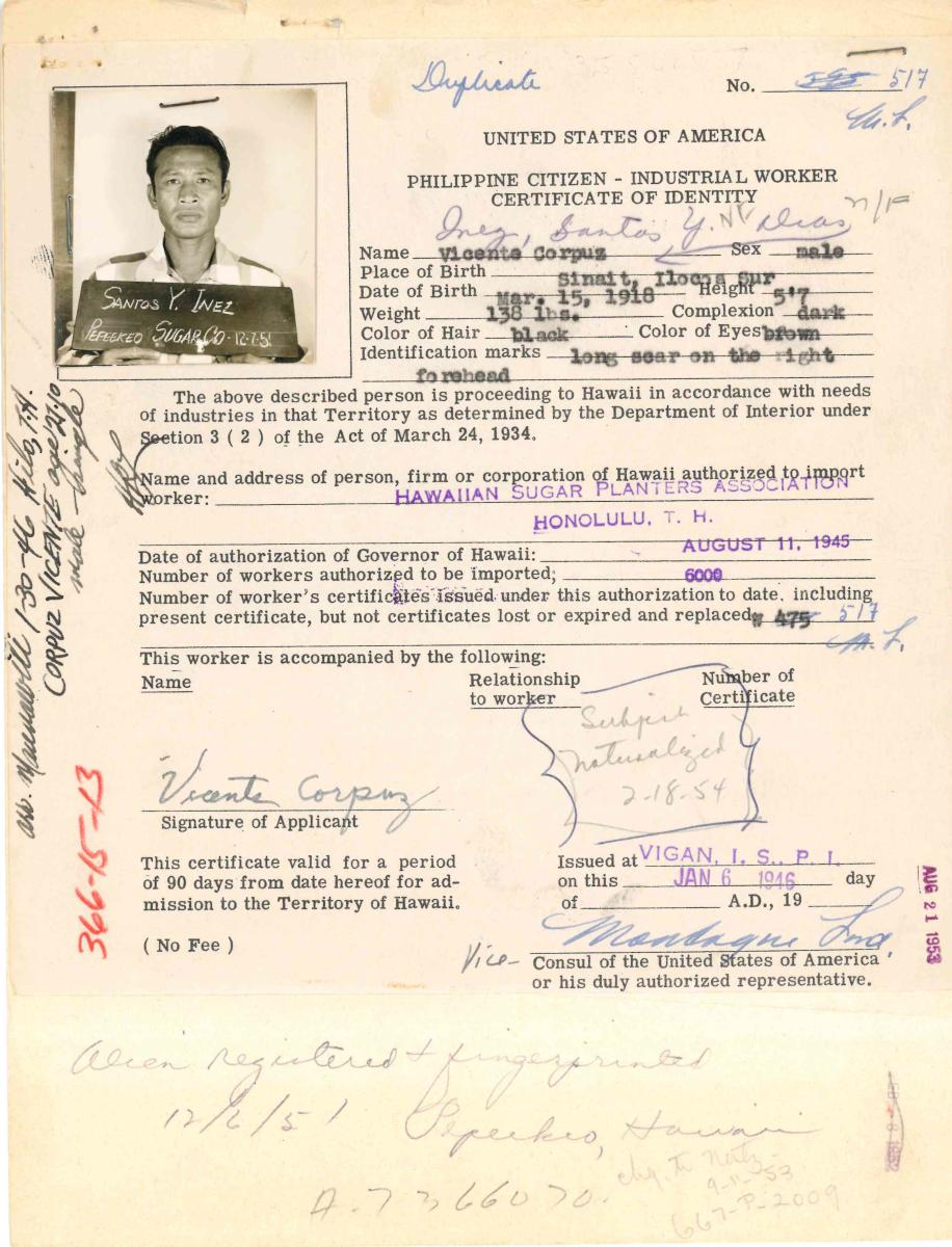 Filipino Contract Worker Certificate of Identity No. 517 for Vicente Corpus