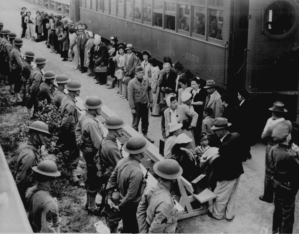 Individuals of Japanese ancestry at the Santa Anita Assembly Center in April 1942 before removal to WRA camps.
